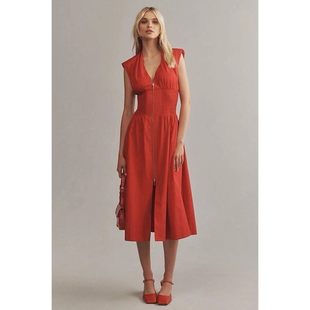 Anthropologie The Tommie Cotton Zip-Front Midi Dress Red S NEW
